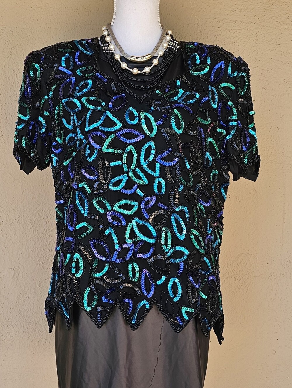 Silk & Sequined Laurence Kazar Vintage Black Blouse Size XL